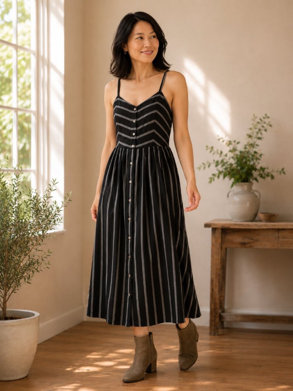 Forever 21 Black & White Striped Button Front Midi Dress Size M